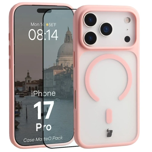 Etui z pierścieniem magnetycznym + szkło hartowane Bizon MatteO Pack do Apple iPhone 17 Pro przydymione-jasnoróżowe