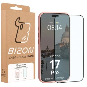 Etui z pierścieniem magnetycznym + szkło hartowane Bizon MatteO Pack do Apple iPhone 17 Pro przydymione-jasnoróżowe