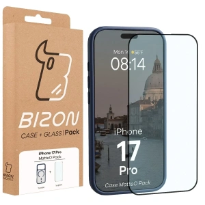 Etui z pierścieniem magnetycznym + szkło hartowane Bizon MatteO Pack do Apple iPhone 17 Pro przydymione-granatowe