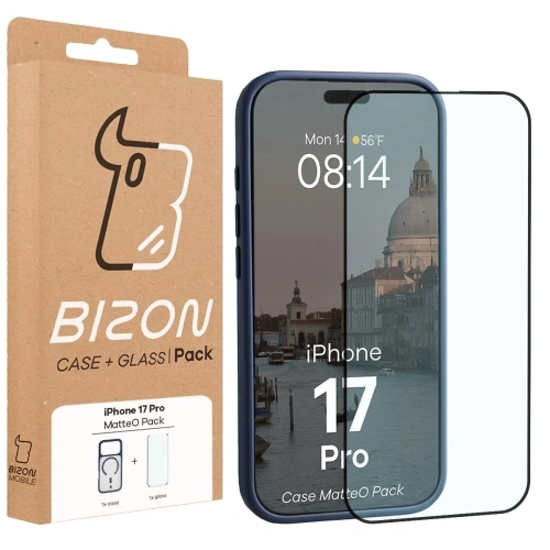 Etui z pierścieniem magnetycznym + szkło hartowane Bizon MatteO Pack do Apple iPhone 17 Pro przydymione-granatowe