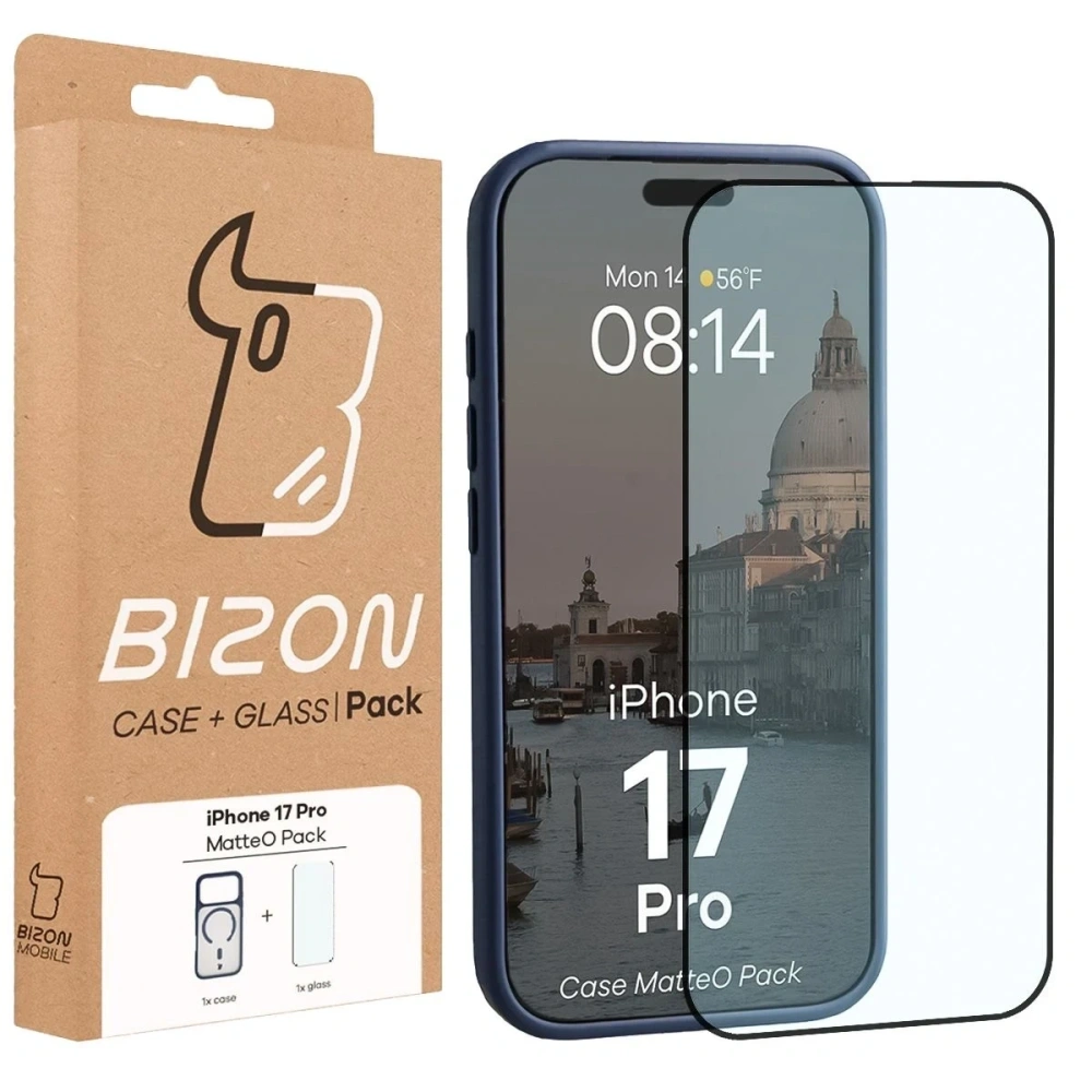 Etui z pierścieniem magnetycznym + szkło hartowane Bizon MatteO Pack do Apple iPhone 17 Pro przydymione-granatowe