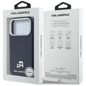 Etui Karl Lagerfeld Karl & Choupette Head Pins Saffiano MagSafe do Apple iPhone 17 Pro niebieski