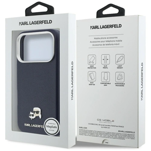 Etui Karl Lagerfeld Karl & Choupette Head Pins Saffiano MagSafe do Apple iPhone 17 Pro niebieski