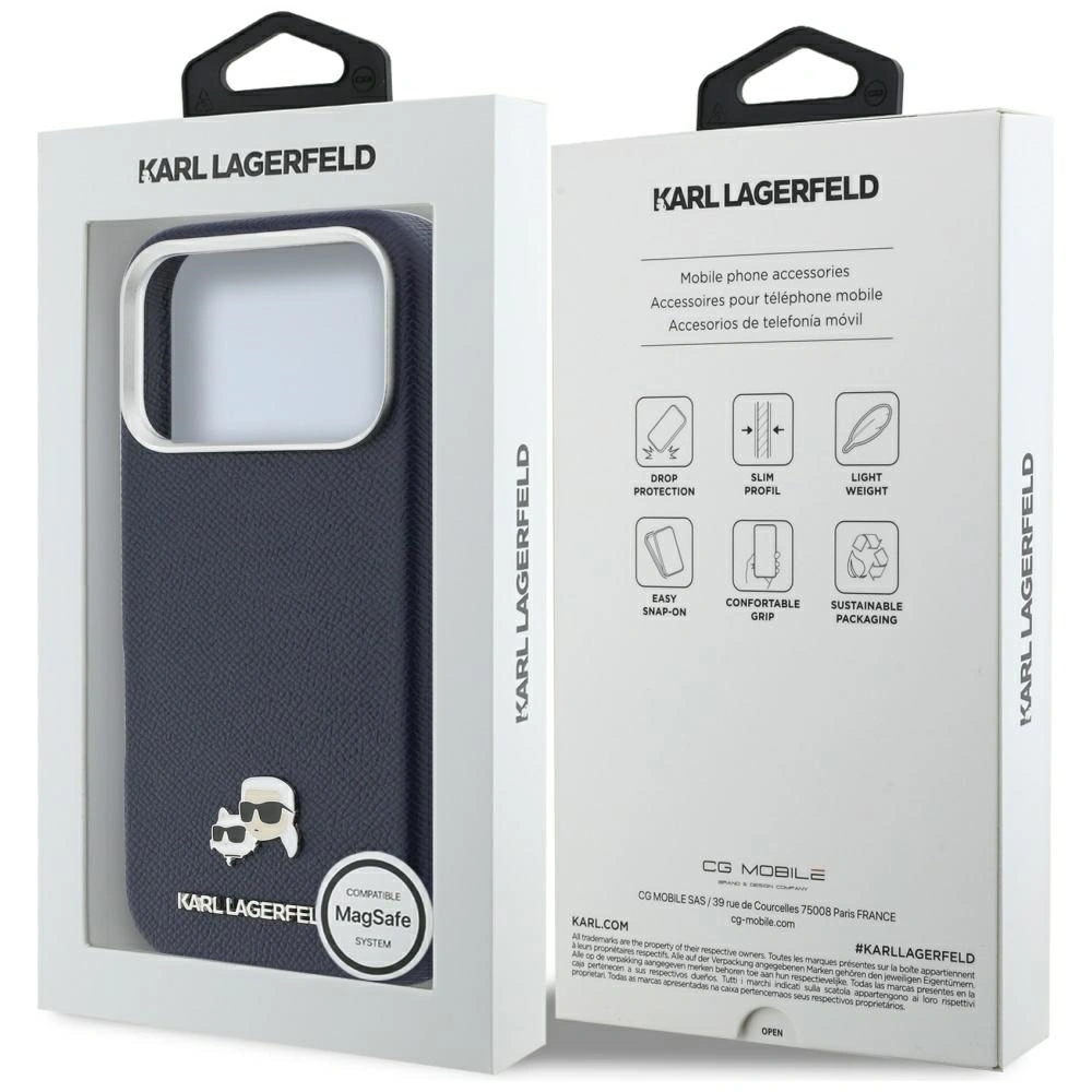 Etui Karl Lagerfeld Karl & Choupette Head Pins Saffiano MagSafe do Apple iPhone 17 Pro niebieski