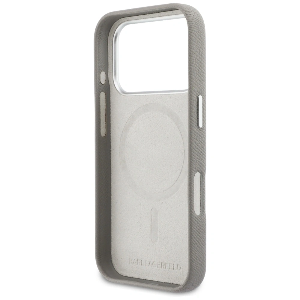Etui Karl Lagerfeld Karl & Choupette Head Pins Saffiano MagSafe do Apple iPhone 17 Pro szary