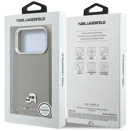 Etui Karl Lagerfeld Karl & Choupette Head Pins Saffiano MagSafe do Apple iPhone 17 Pro szary