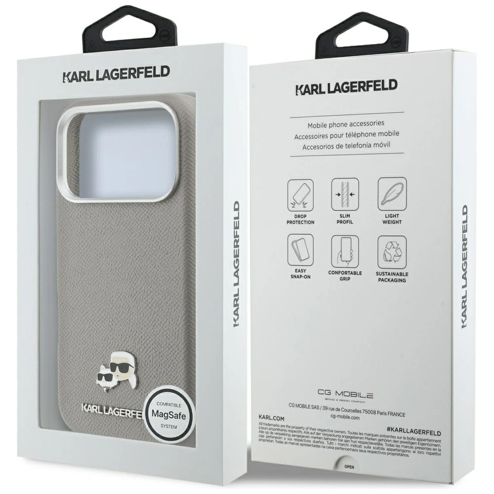 Etui Karl Lagerfeld Karl & Choupette Head Pins Saffiano MagSafe do Apple iPhone 17 Pro szary