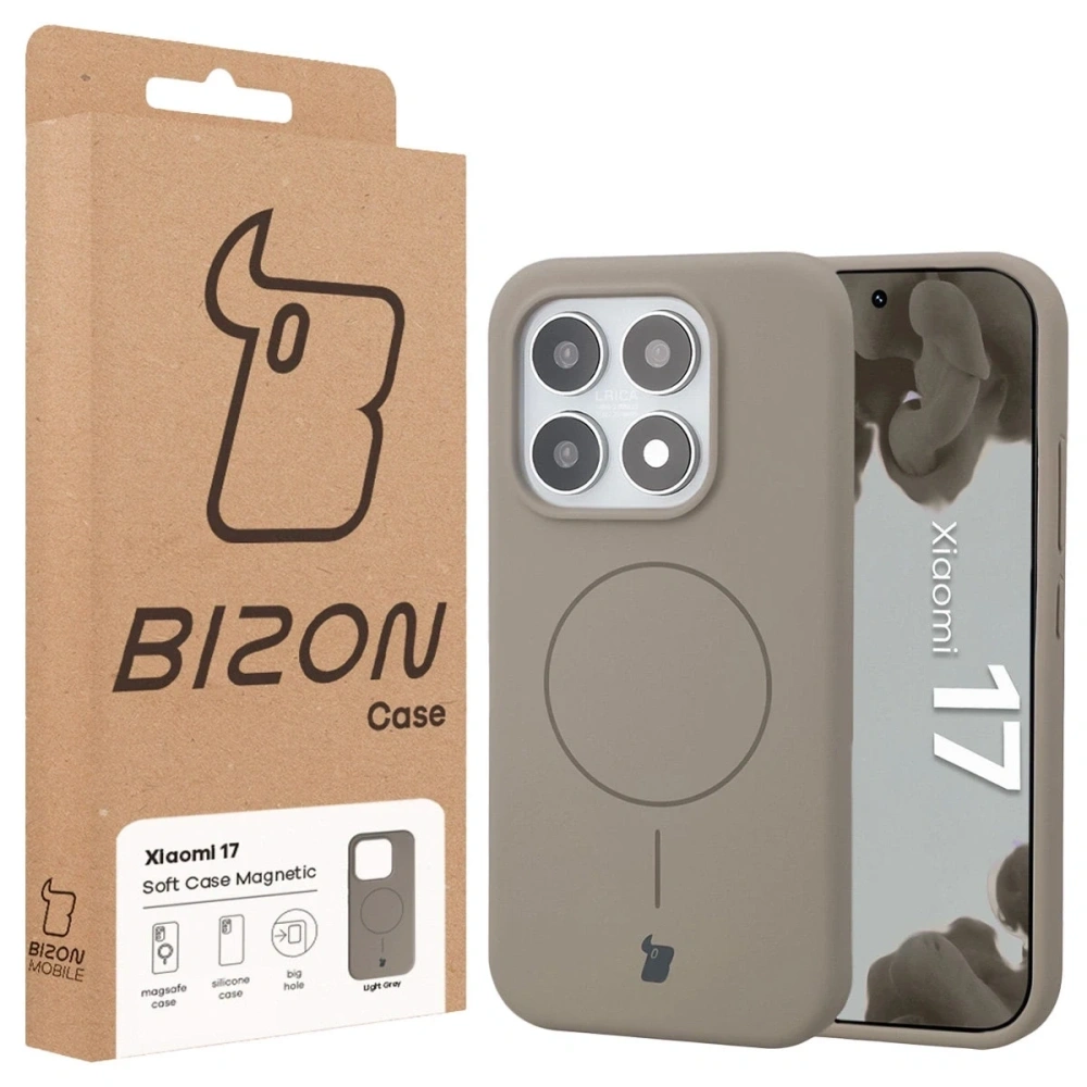 Silikonowe etui z pierścieniem magnetycznym Bizon Soft Case Magnetic do Xiaomi 17 jasnoszare