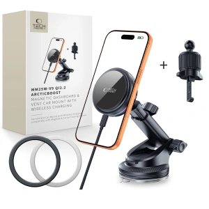 Uchwyt samochodowy na kokpit / do kratki Tech-Protect V9 Arcticboost Magnetic MagSafe Dashboard & Vent Car Mount Wireless Charger 25W QI2.2 Black