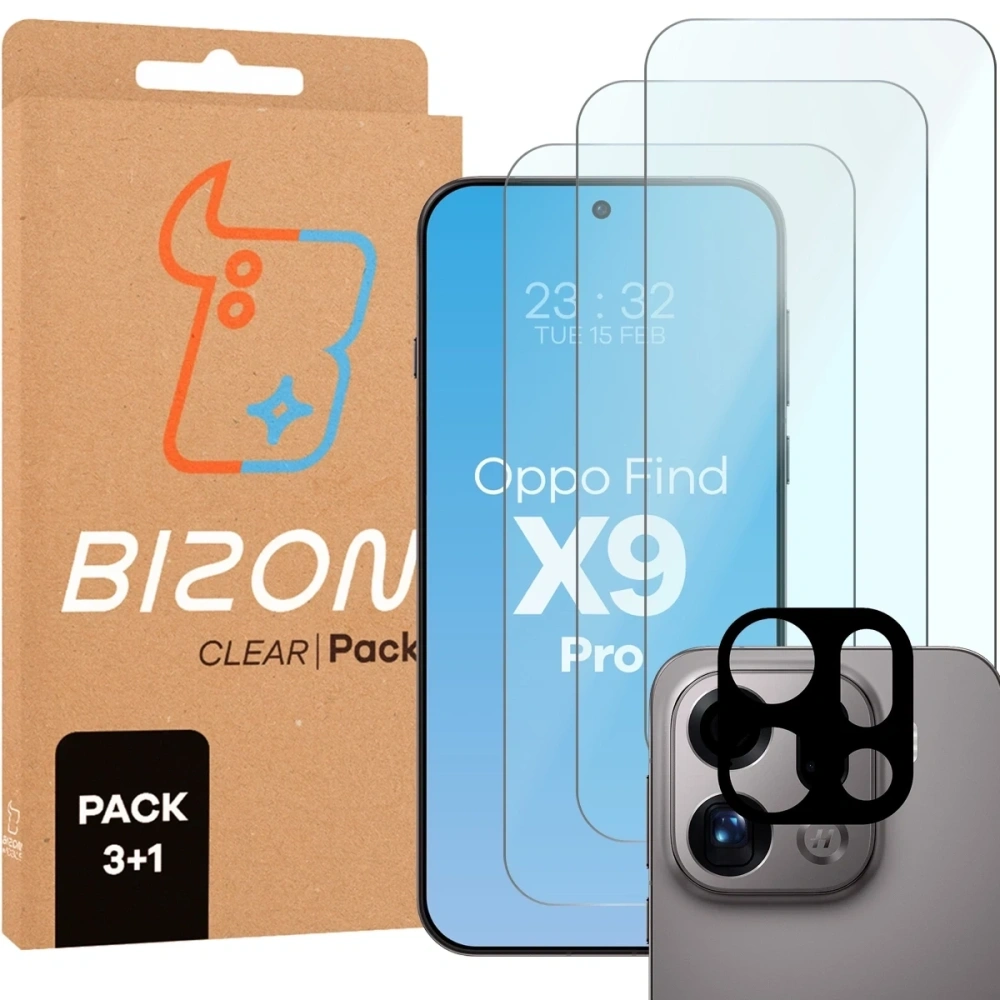 3x szkło hartowane + szybka na aparat Bizon Glass Clear Pack do Oppo Find X9 Pro