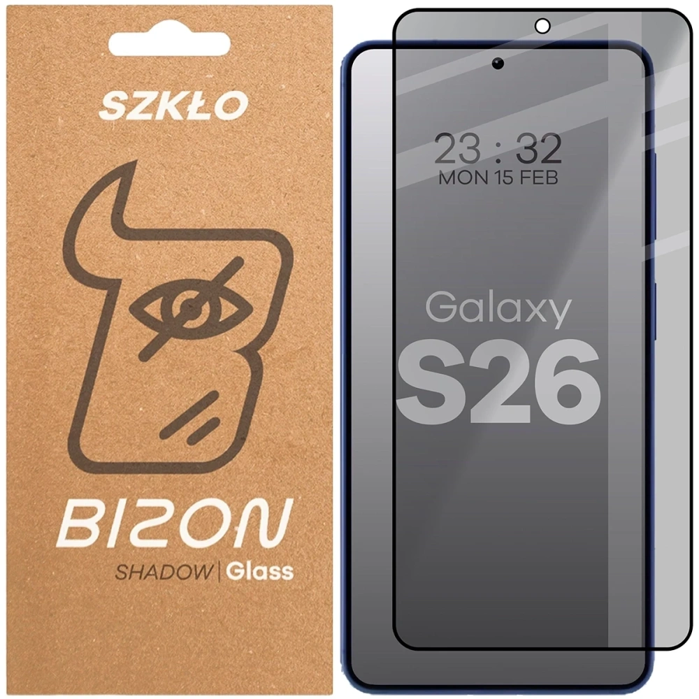 Prywatyzujące szkło hartowane Bizon Glass Edge Shadow do Samsung Galaxy S26 przyciemniane z czarną ramką