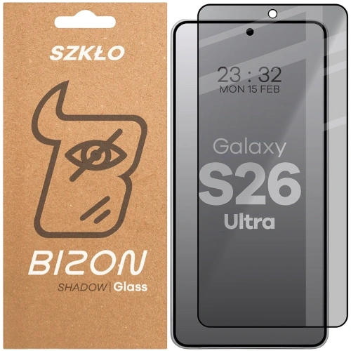 Prywatyzujące szkło hartowane Bizon Glass Edge Shadow do Samsung Galaxy S26 Ultra przyciemniane z czarną ramką