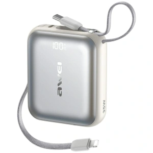 Powerbank Awei AS-181 10000mAh 35W USB-C + kable Lightning / USB-C srebrny
