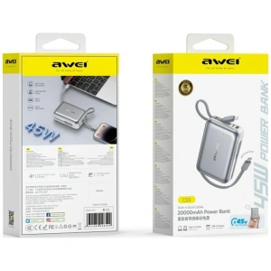 Powerbank Awei C03 20000mAh 45W USB-A / USB-C + kable Lightning / USB-C srebrny
