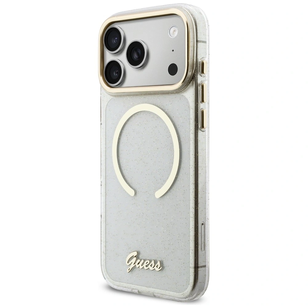 Etui Guess IML Glitters Script Strap MagSafe do Apple iPhone 17 Pro Max przezroczysty