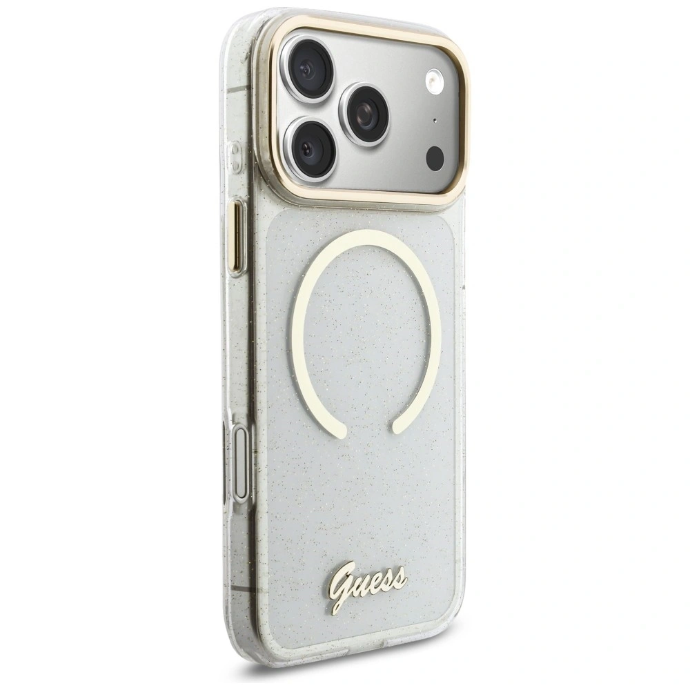 Etui Guess IML Glitters Script Strap MagSafe do Apple iPhone 17 Pro Max przezroczysty