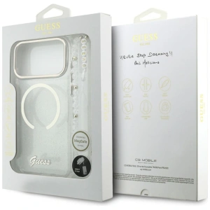 Etui Guess IML Glitters Script Strap MagSafe do Apple iPhone 17 Pro Max przezroczysty