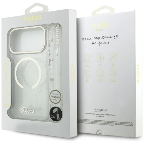 Etui Guess IML Glitters Script Strap MagSafe do Apple iPhone 17 Pro Max przezroczysty