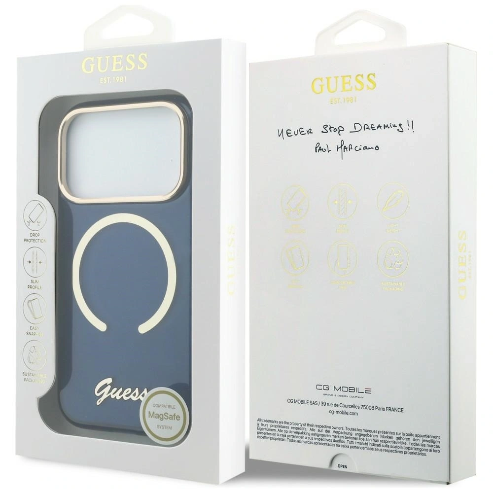 Etui Guess IML Script Metal MagSafe do Apple iPhone 17 Pro Max niebieski