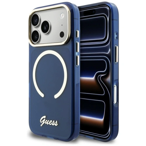 Etui Guess IML Script Metal MagSafe do Apple iPhone 17 Pro niebieski
