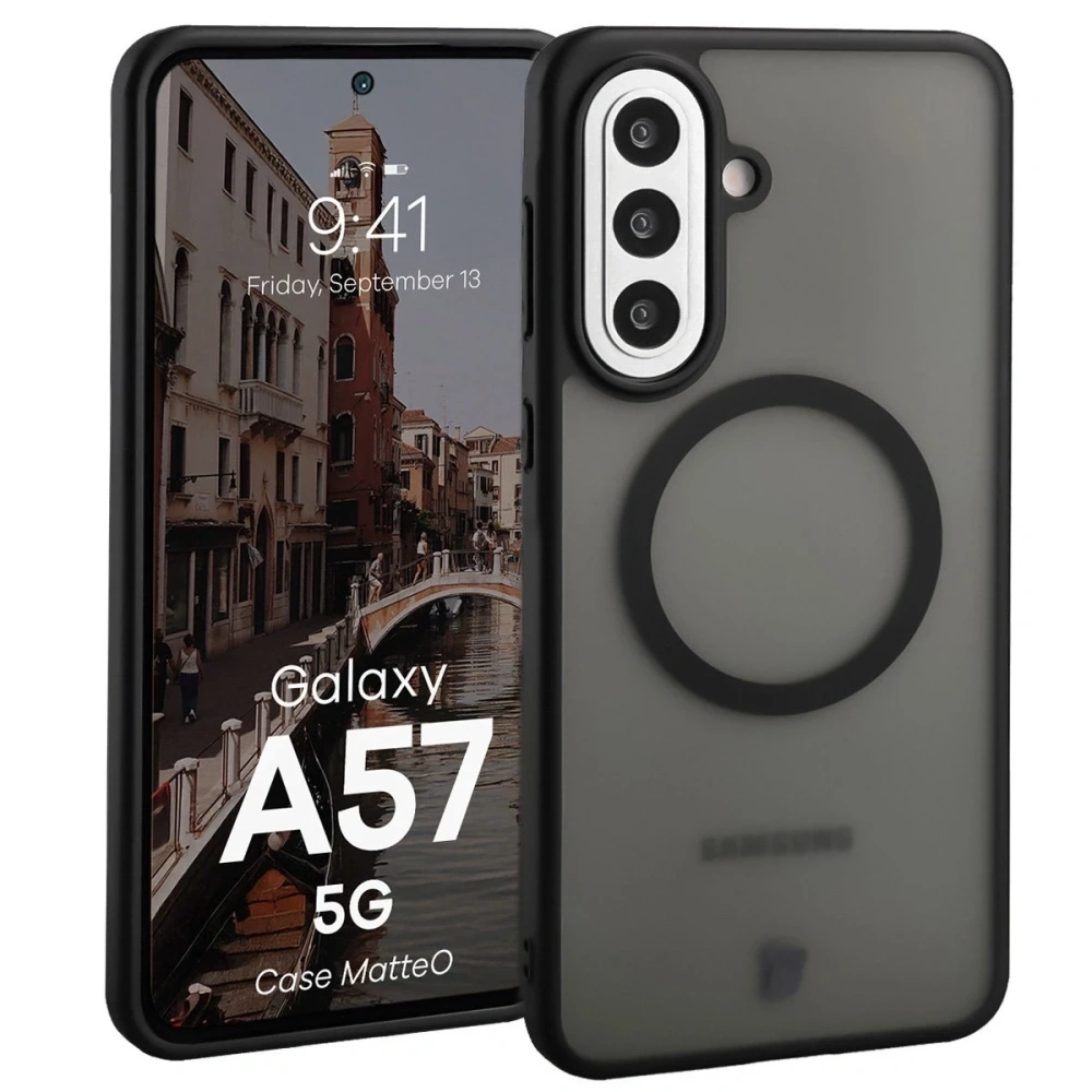 Etui z pierścieniem magnetycznym Bizon Case MatteO do Samsung Galaxy A57 5G przydymione-czarne