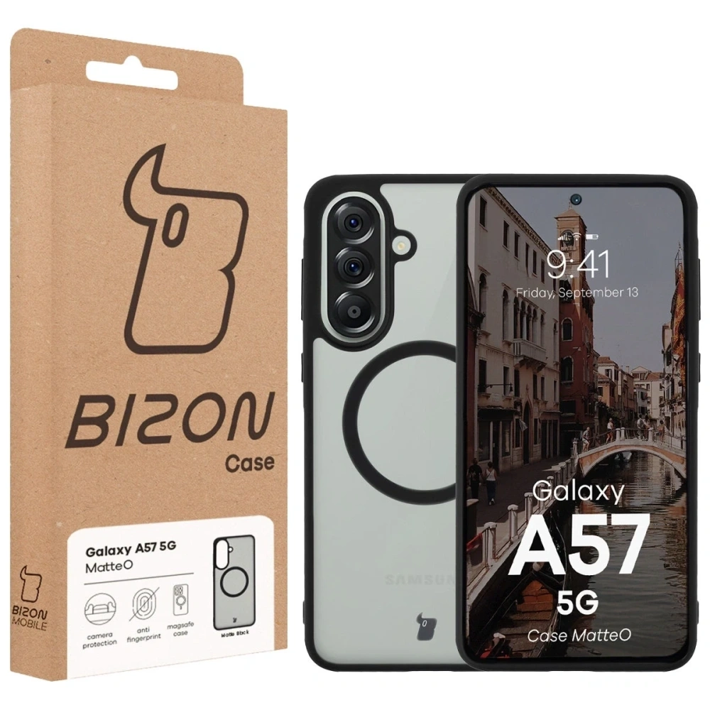 Etui z pierścieniem magnetycznym Bizon Case MatteO do Samsung Galaxy A57 5G przydymione-czarne