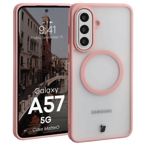 Etui z pierścieniem magnetycznym Bizon Case MatteO do Samsung Galaxy A57 5G przydymione-jasnoróżowe