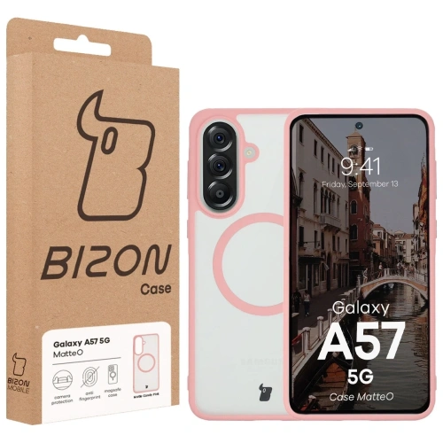 Etui z pierścieniem magnetycznym Bizon Case MatteO do Samsung Galaxy A57 5G przydymione-jasnoróżowe