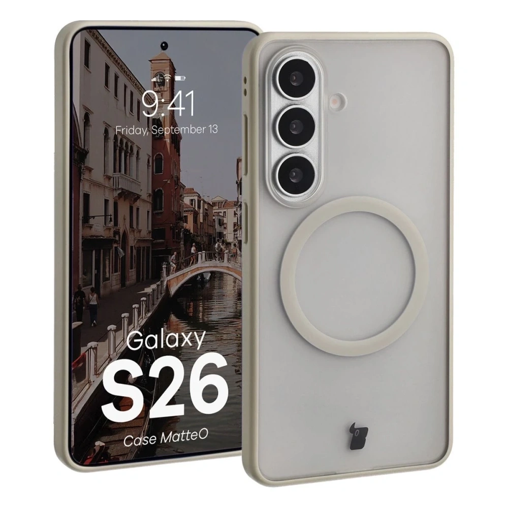 Etui z pierścieniem magnetycznym Bizon Case MatteO do Samsung Galaxy S26 przydymione-beżowe