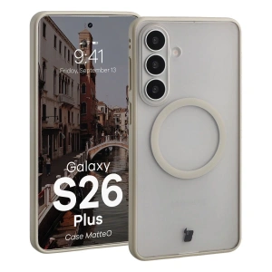 Etui z pierścieniem magnetycznym Bizon Case MatteO do Samsung Galaxy S26+ Plus przydymione-beżowe