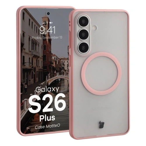 Etui z pierścieniem magnetycznym Bizon Case MatteO do Samsung Galaxy S26+ Plus przydymione-jasnoróżowe