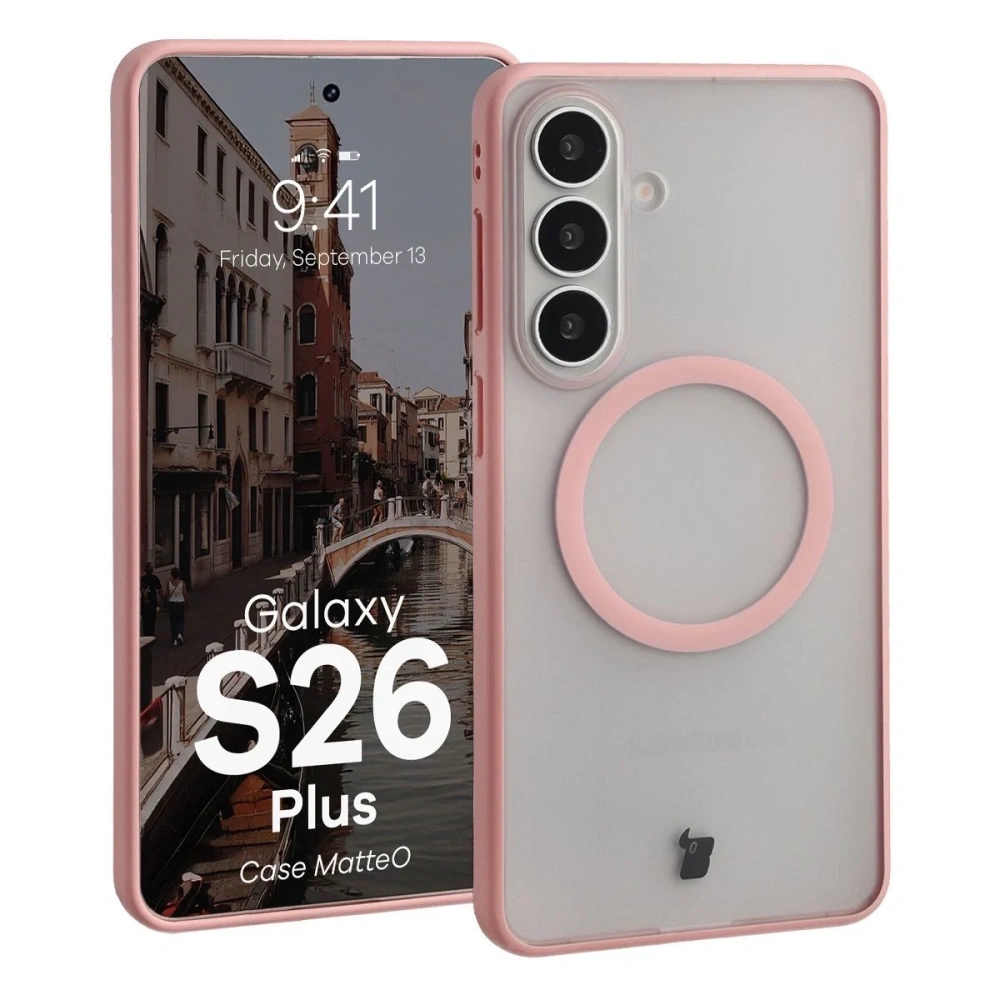 Etui z pierścieniem magnetycznym Bizon Case MatteO do Samsung Galaxy S26+ Plus przydymione-jasnoróżowe