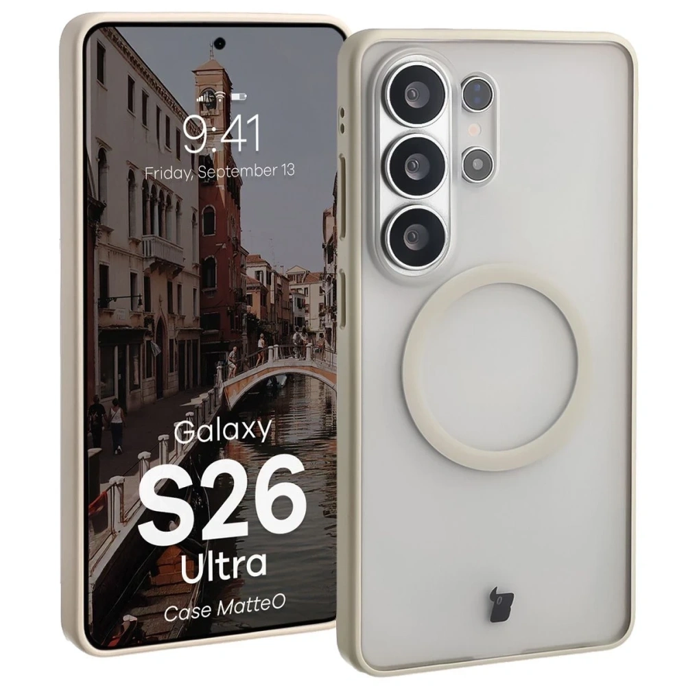 Etui z pierścieniem magnetycznym Bizon Case MatteO do Samsung Galaxy S26 Ultra przydymione-beżowe