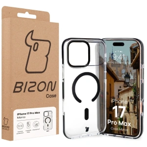 Etui z pierścieniem magnetycznym Bizon Case Marco do Apple iPhone 17 Pro Max przezroczyste z czarną ramką