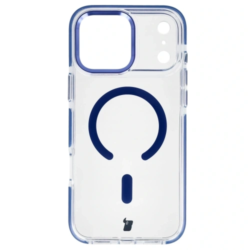 Etui z pierścieniem magnetycznym Bizon Case Marco do Apple iPhone 17 Pro Max przezroczyste z niebieską ramką