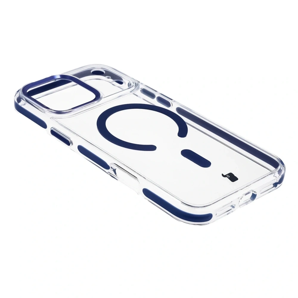 Etui z pierścieniem magnetycznym Bizon Case Marco do Apple iPhone 17 Pro Max przezroczyste z niebieską ramką