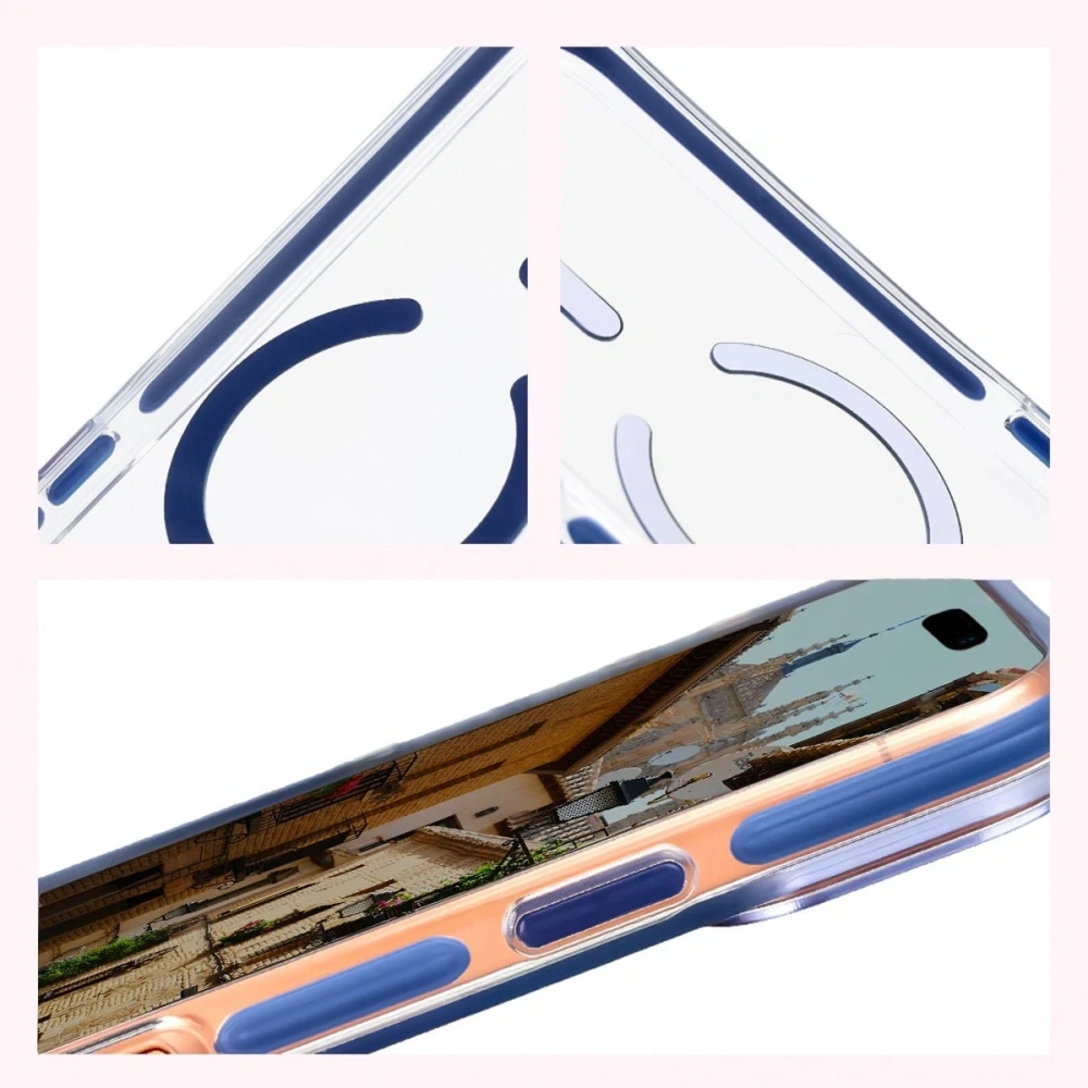 Etui z pierścieniem magnetycznym Bizon Case Marco do Apple iPhone 17 Pro Max przezroczyste z niebieską ramką