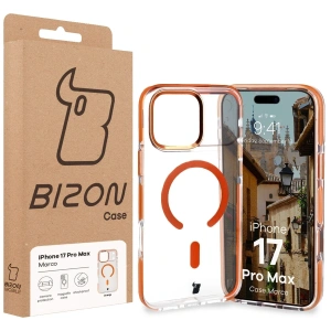 Etui z pierścieniem magnetycznym Bizon Case Marco do Apple iPhone 17 Pro Max przezroczyste z pomarańczową ramką