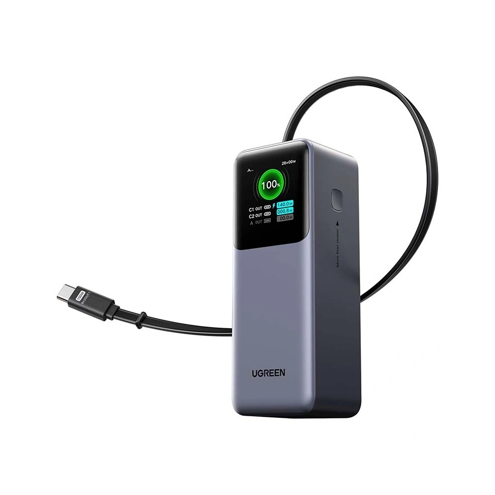 Powerbank 20000mAh UGREEN PB726 USB + USB-C 165W ze zwijanym kablem (szary)