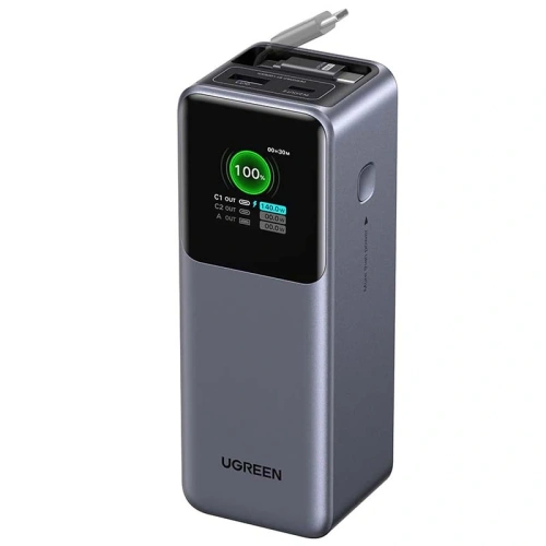 Powerbank 20000mAh UGREEN PB726 USB + USB-C 165W ze zwijanym kablem (szary)