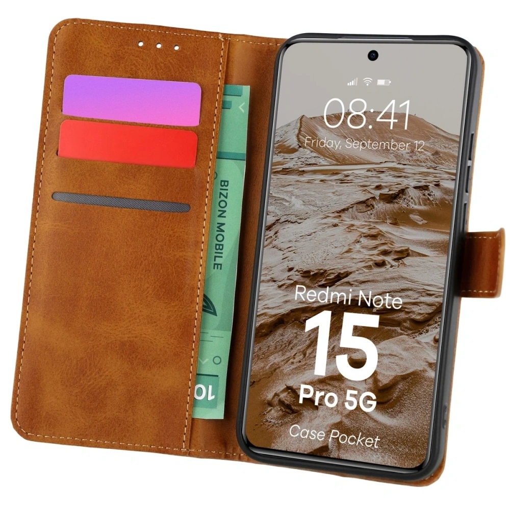Etui z klapką Bizon Case Pocket do Xiaomi Redmi Note 15 Pro 5G brązowe