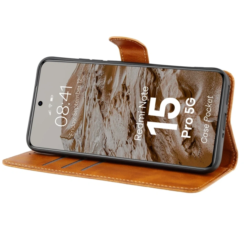 Etui z klapką Bizon Case Pocket do Xiaomi Redmi Note 15 Pro 5G brązowe