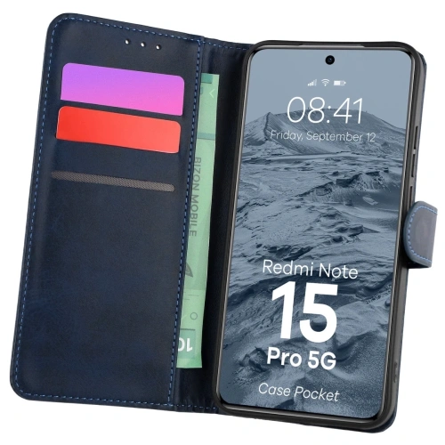 Etui z klapką Bizon Case Pocket do Xiaomi Redmi Note 15 Pro 5G granatowe
