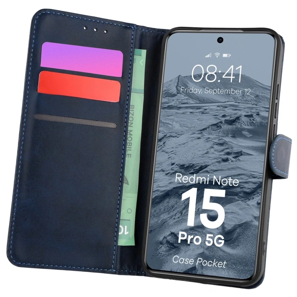 Etui z klapką Bizon Case Pocket do Xiaomi Redmi Note 15 Pro 5G granatowe