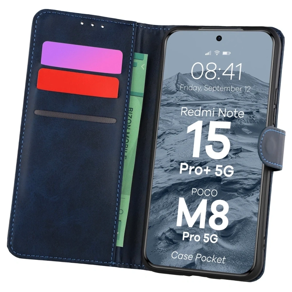 Etui z klapką Bizon Case Pocket do Xiaomi Redmi Note 15 Pro+ Plus 5G / POCO M8 Pro 5G granatowe