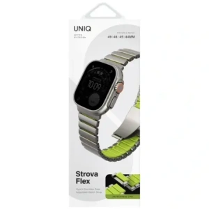 Pasek UNIQ Strova Flex do Apple Watch 44/45/46/49mm Series 1/2/3/4/5/6/7/8/9/10/11/SE/SE2/SE3/Ultra/Ultra 2/Ultra 3 srebrno limonkowy