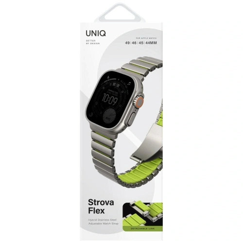 Pasek UNIQ Strova Flex do Apple Watch 44/45/46/49mm Series 1/2/3/4/5/6/7/8/9/10/11/SE/SE2/SE3/Ultra/Ultra 2/Ultra 3 srebrno limonkowy
