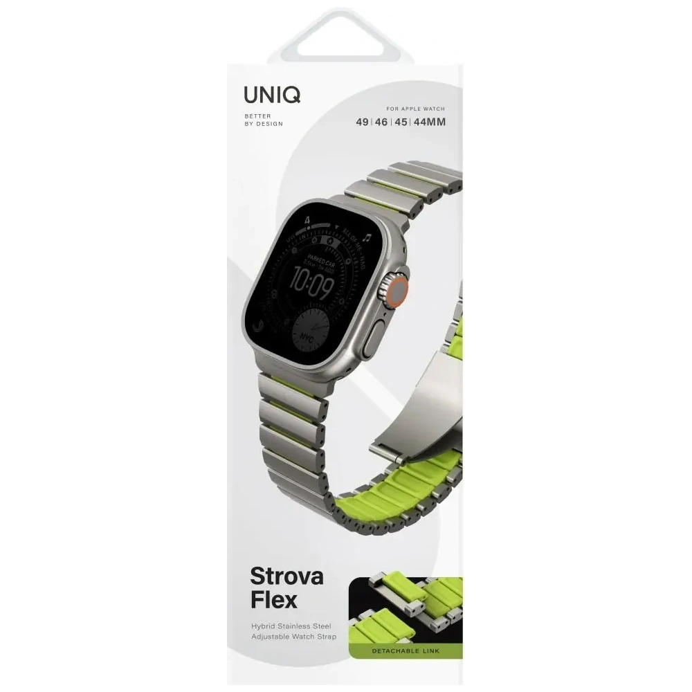 Pasek UNIQ Strova Flex do Apple Watch 44/45/46/49mm Series 1/2/3/4/5/6/7/8/9/10/11/SE/SE2/SE3/Ultra/Ultra 2/Ultra 3 srebrno limonkowy