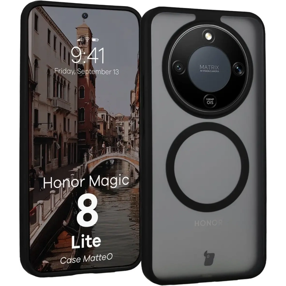 Etui z pierścieniem magnetycznym + szkło hartowane Bizon MatteO Pack do Honor Magic8 Lite przydymione-czarne