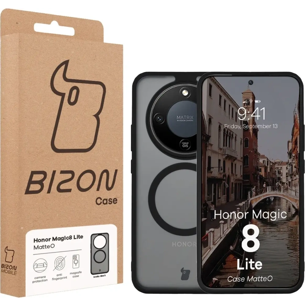 Etui z pierścieniem magnetycznym + szkło hartowane Bizon MatteO Pack do Honor Magic8 Lite przydymione-czarne